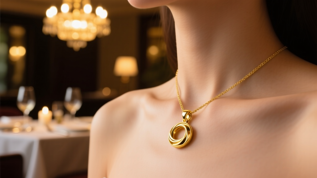 Macro shot of a 14k solid gold pendant resting on a collarbone, warm restaurant lighting highlighting the polished metal finish