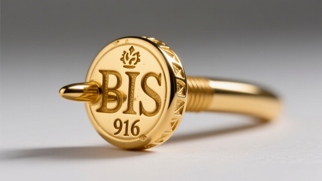 Macro photo of a BIS hallmark on an Indian gold laung nose screw, showing the 916 purity mark against a soft neutral grey backdrop