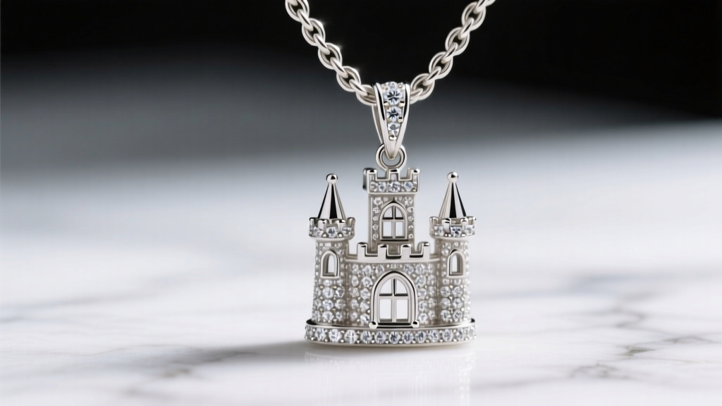 Macro shot of a 2.0mm platinum wheat chain threading through a diamond-encrusted castle pendant bail, showing intricate metalwork