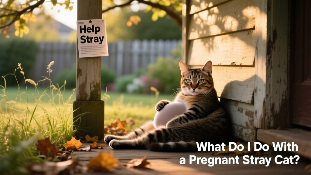 A gentle close-up of a pregnant stray cat resting in a quiet, sheltered outdoor spot