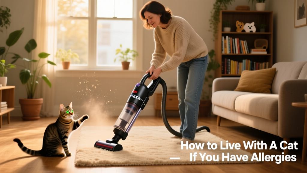 HEPA vacuum cleaning a light-colored rug while a cat watches nearby