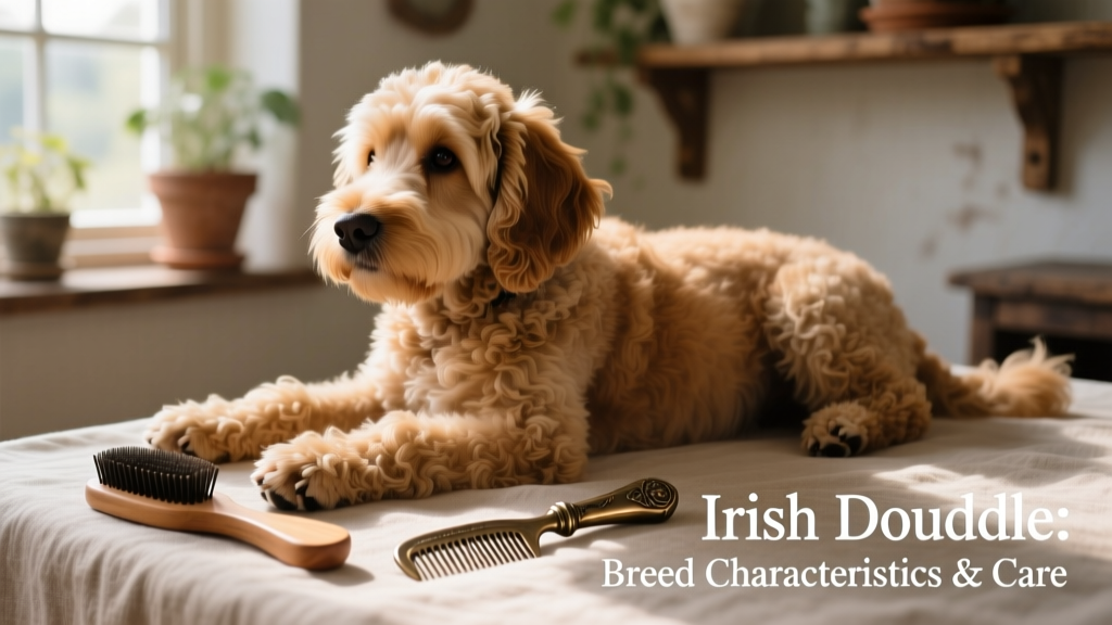 Adult Irish doodle resting calmly beside a grooming brush and comb
