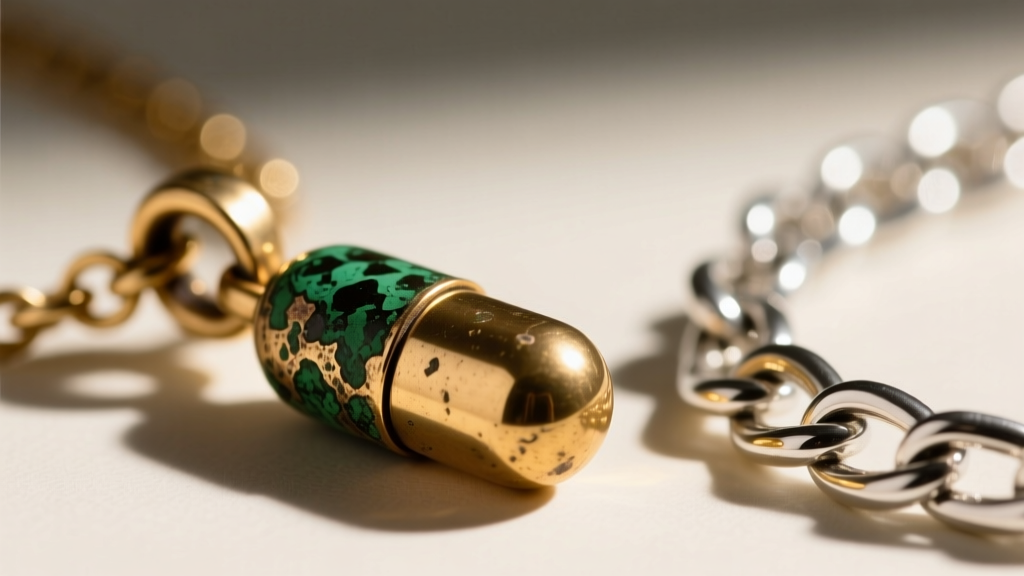 Macro shot of a tarnished brass gold-plated pill necklace with verdigris at clasp, beside a pristine sterling silver chain link.