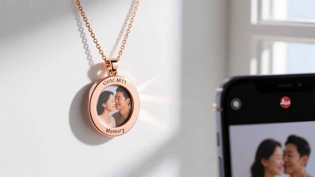 Rose gold projection memory necklace with photo held near a phone light, casting a clear portrait on a white wall.