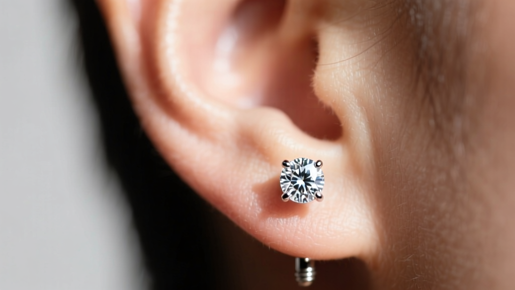 Macro shot of an earlobe wearing a one-carat bezel-set diamond earring, highlighting the smooth platinum rim and secure screw back.