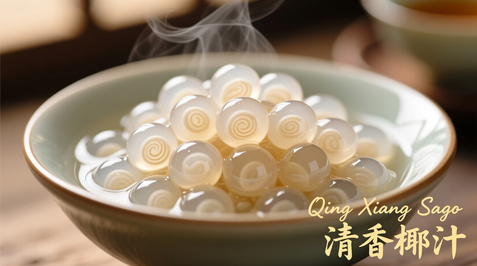 Close-up of perfectly cooked translucent sago pearls in a bowl