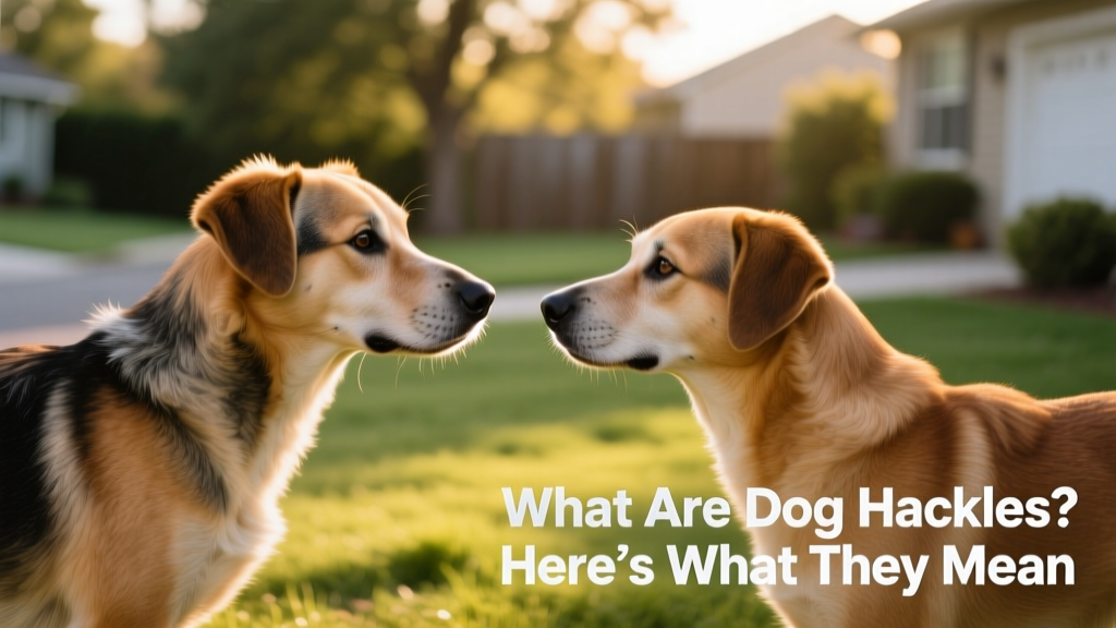 Two dogs interacting calmly at a distance; one has slightly raised hackles along its shoulders, while both maintain relaxed postures and soft eyes