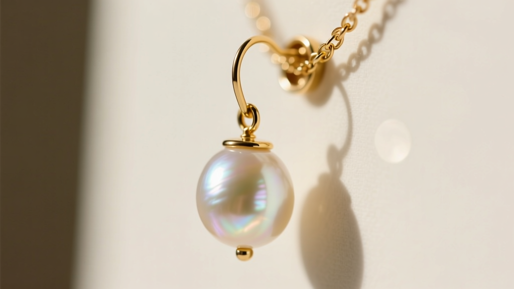 Macro shot of a vintage pearl drop earring retrofitted with a 14k gold chain support attaching to a secondary ear piercing.