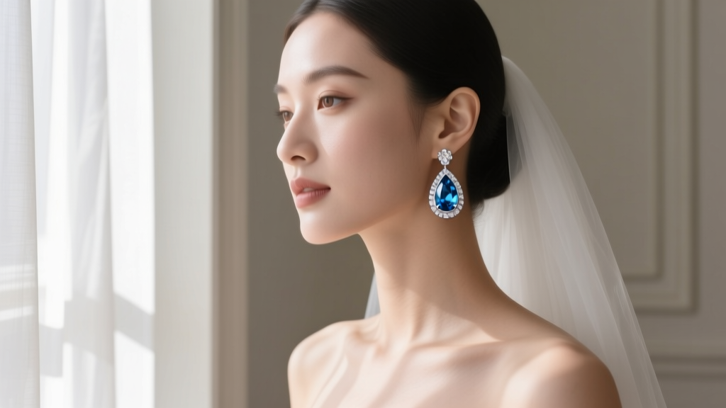 Bride wearing platinum drop earrings with pear-cut London blue topaz and pavé diamonds in soft natural window lighting