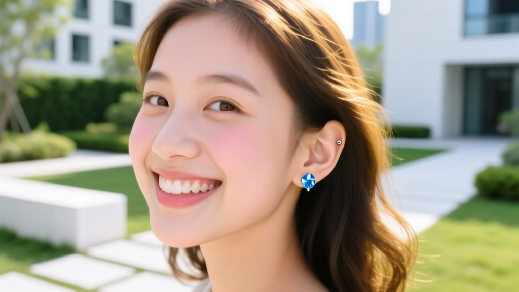 Smiling young girl with a fresh ear piercing wearing a hypoallergenic blue crystal stud earring, bright cheerful outdoor lighting