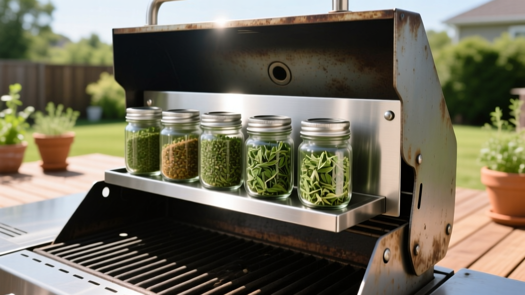 304-grade stainless steel magnetic spice rack mounted on an outdoor BBQ grill, featuring airtight glass jars filled with dried oregano