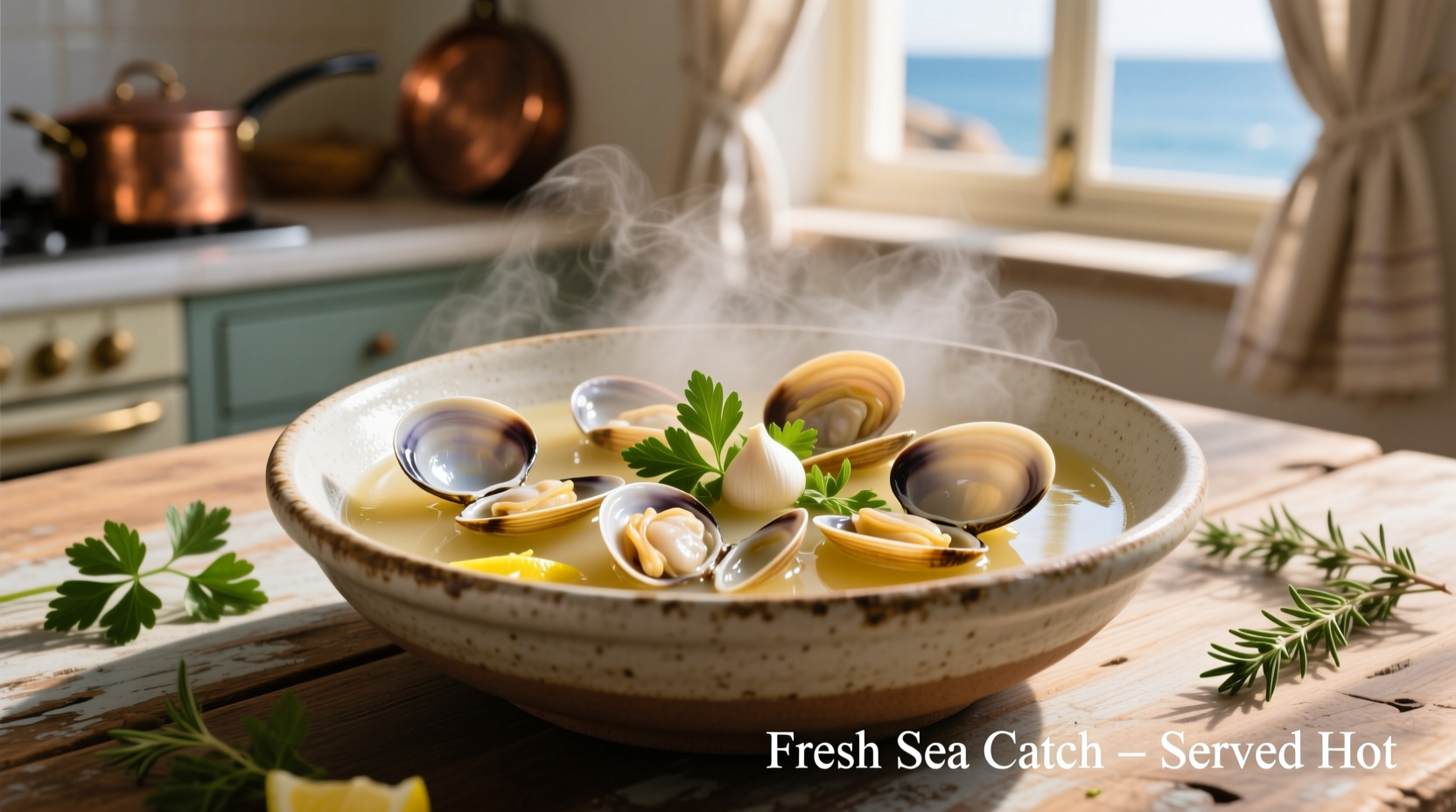 Fresh steamed clams in white wine broth