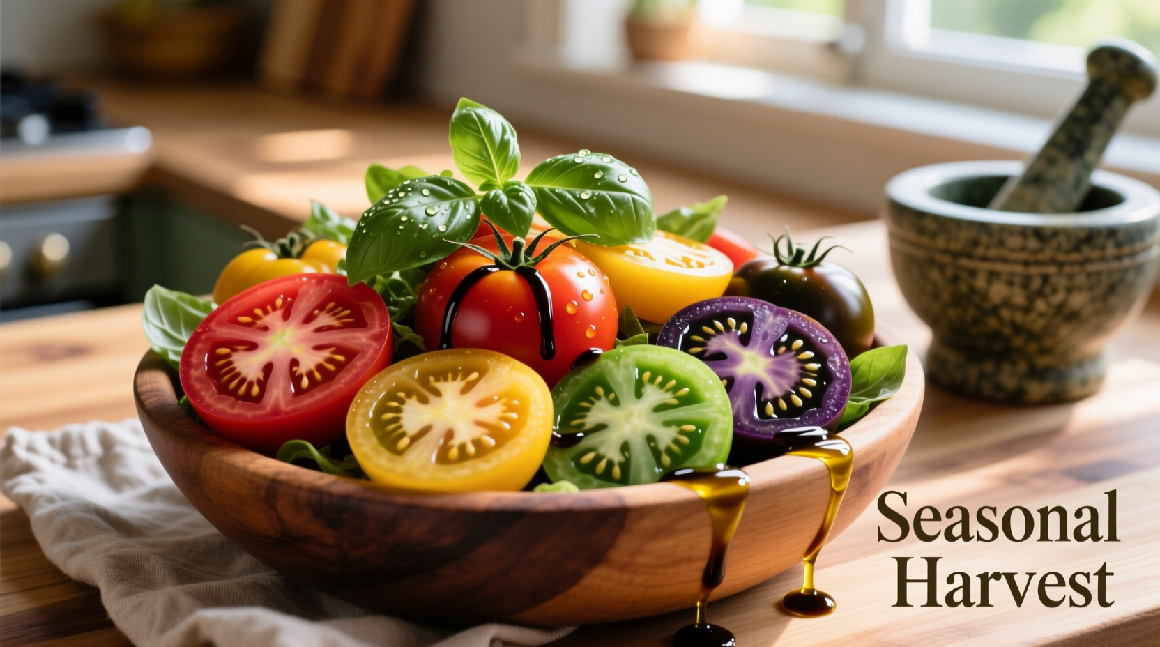 Colorful heirloom tomato salad with fresh basil