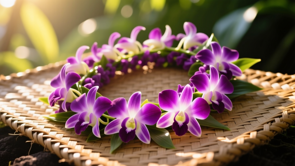 Vibrant purple dendrobium orchid floral lei draped over a woven lauhala mat, bathed in warm tropical morning sunlight