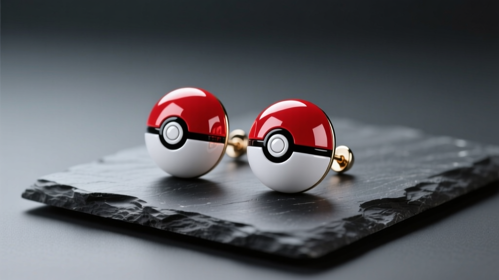 Glossy red and white pokeball earrings resting on a dark slate crafting mat, illuminated by soft directional studio lighting.
