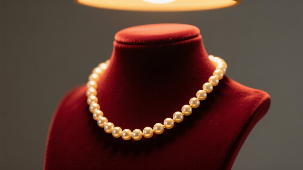 Vintage Barbie faux pearl necklace draped over a dark velvet display bust, illuminated by warm and nostalgic studio lighting setup.