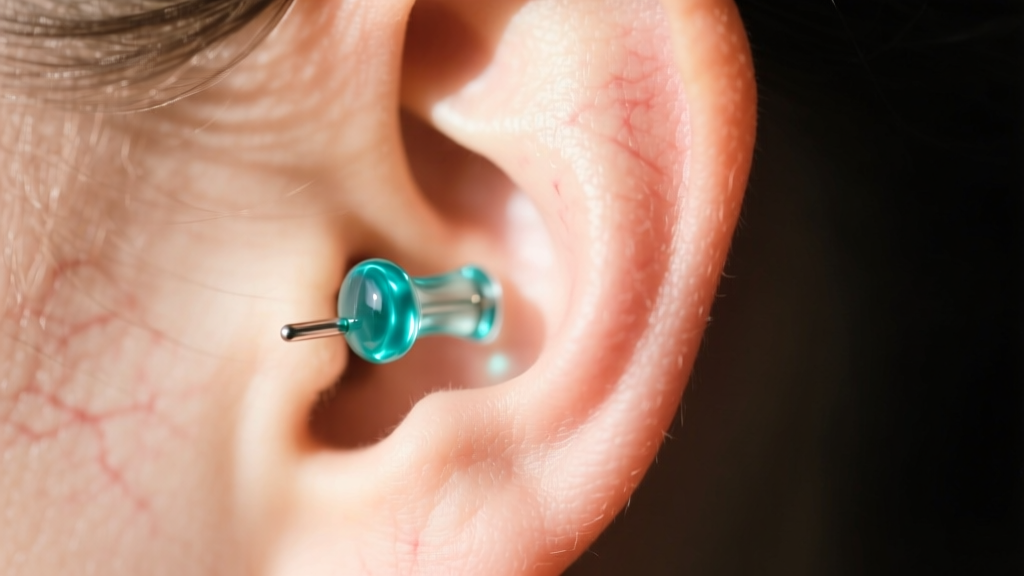 Side profile of a stretched earlobe wearing a 2-gauge borosilicate glass eyelet plug with a subtle teal tint in natural daylight