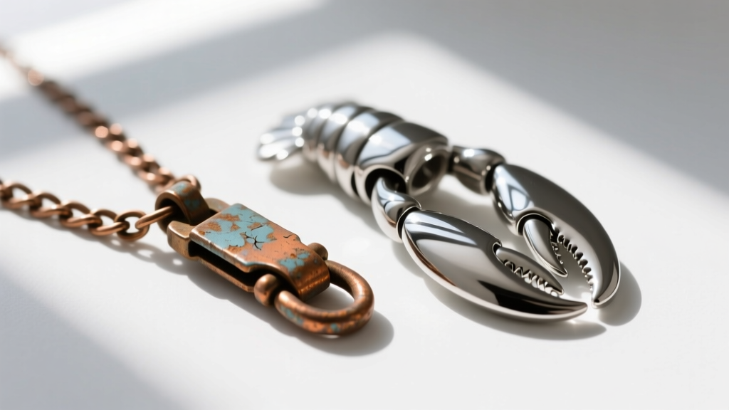 Macro photography of a tarnished zinc alloy necklace clasp next to a shiny 316L surgical stainless steel lobster clasp.