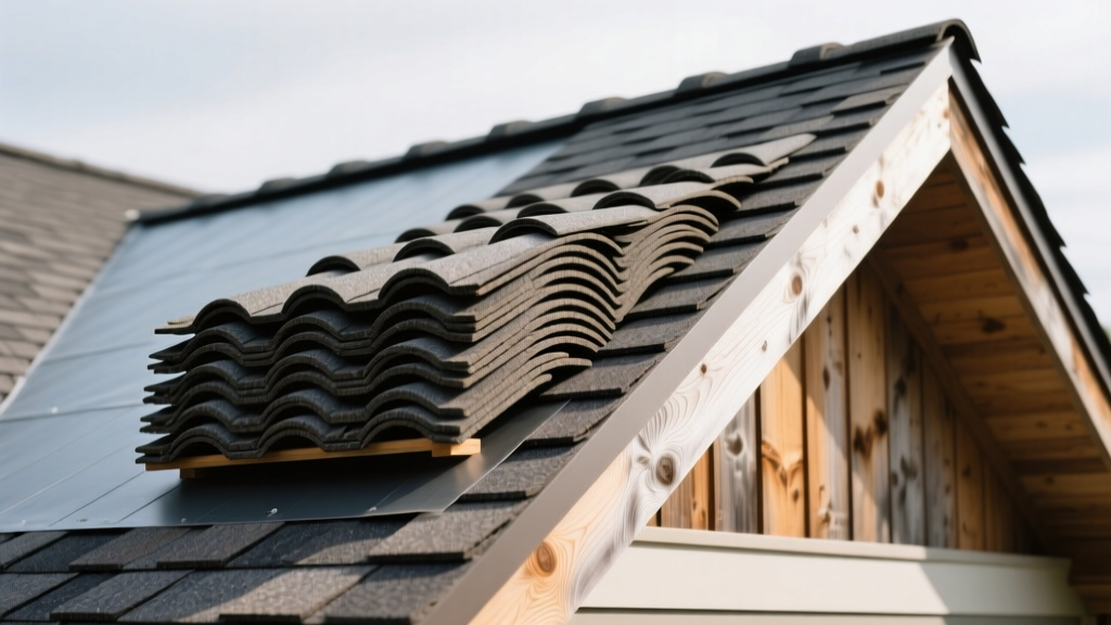 Stacked architectural asphalt roof shingles in weathered wood installed over synthetic underlayment on a steep residential roof