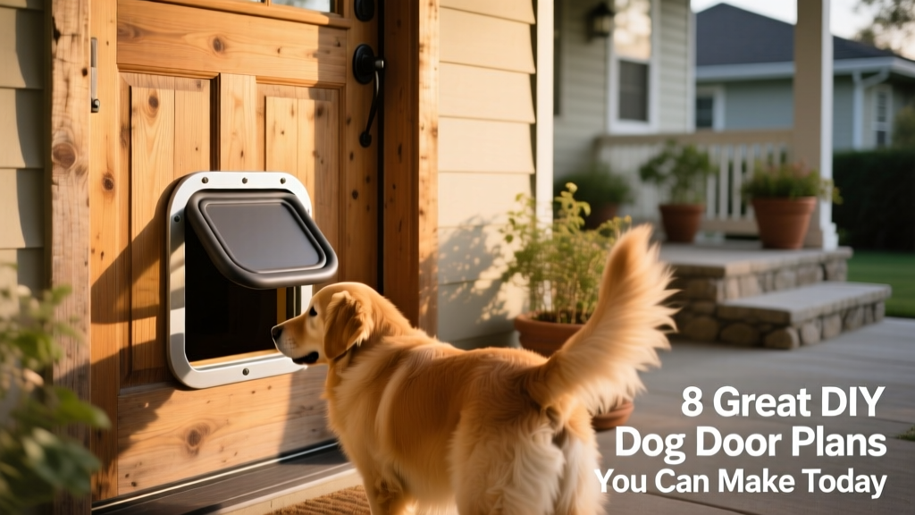 Side view of a wooden exterior door with a neatly installed, weatherproof dog door cut into the lower section