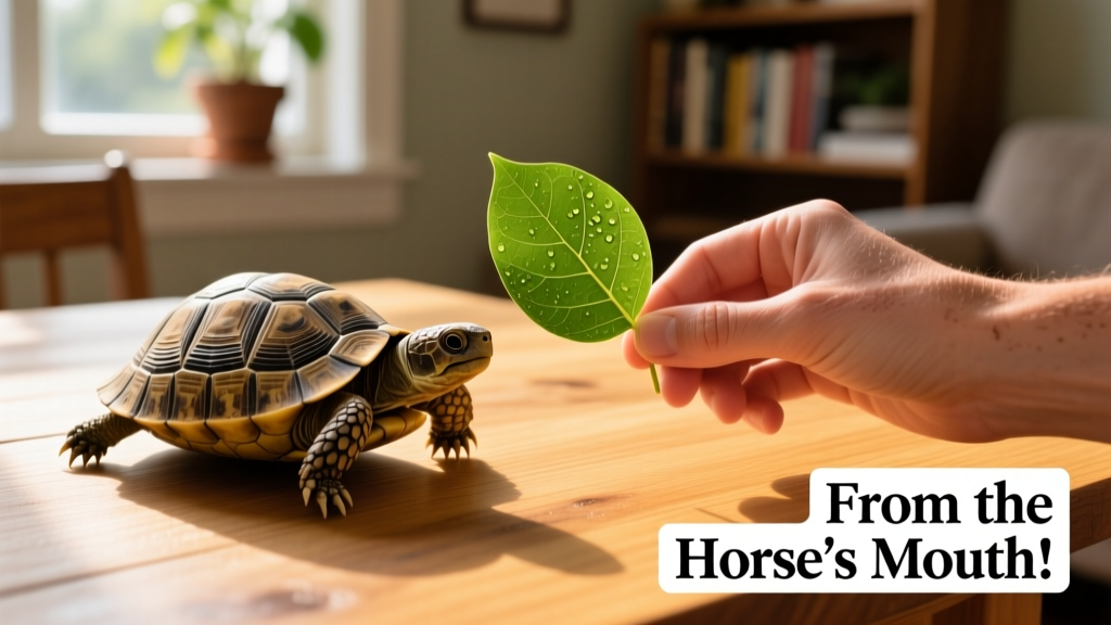 A small tortoise slowly walking across a wooden table toward a fresh green leaf held gently by a hand