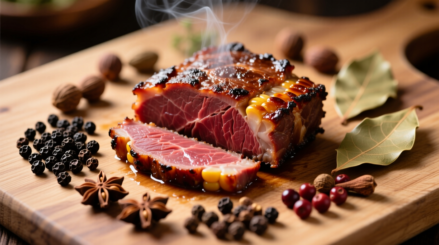 Whole spices for corned beef arranged around cooked meat