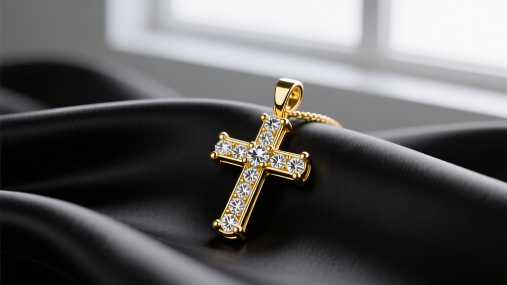 Close-up of a 2-inch diamond Latin cross pendant in 18k yellow gold on silk, soft studio lighting highlighting the prong settings.