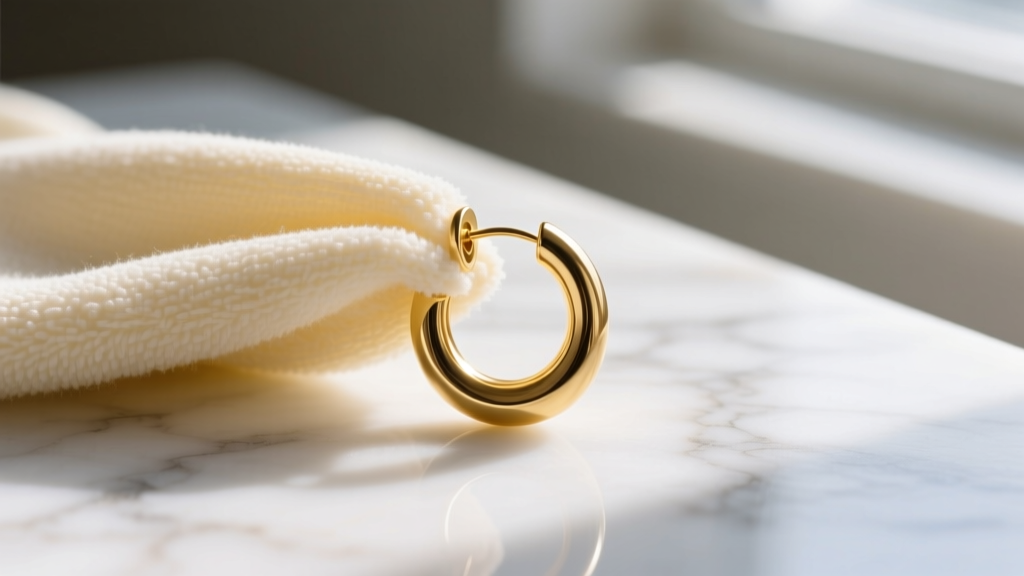 Soft microfiber cloth wiping a butter-finish gold hoop earring, avoiding abrasive compounds, on a clean white marble surface