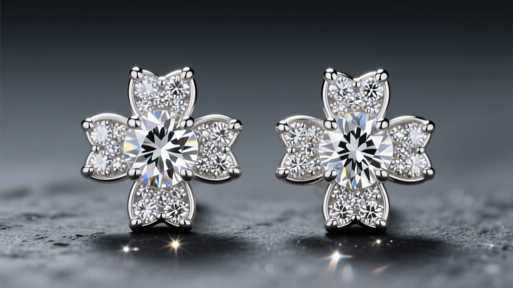 Macro photo of 18k white gold clover diamond earrings with a brilliant center stone and micro-pave diamond petals on dark slate.