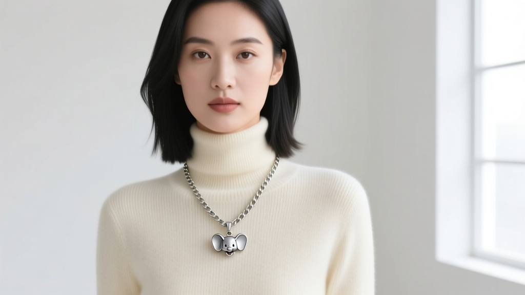 Woman wearing a 16-inch sterling silver box chain with a small Dumbo pendant over a cream-colored cashmere turtleneck sweater