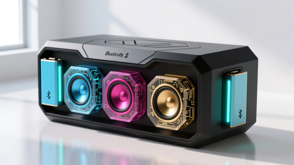 Futuristic modular Bluetooth speaker concept showing interchangeable solid-state battery packs and snap-on acoustic drivers.