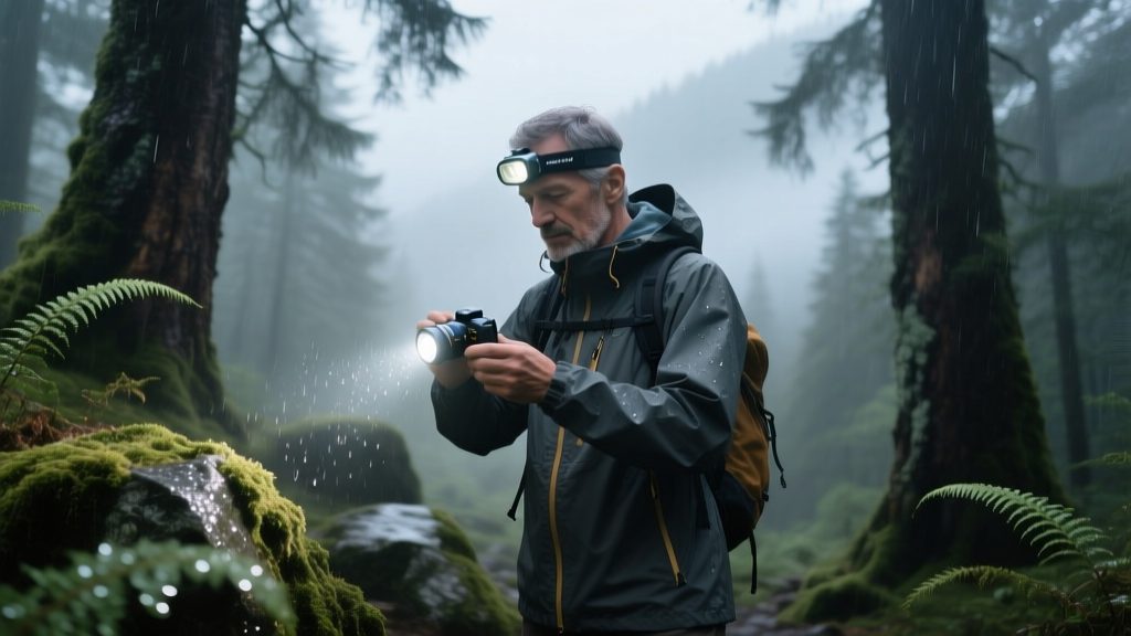 A hiker in a waterproof shell adjusting a budget-friendly headlamp while standing in a misty, rain-swept alpine forest environment.