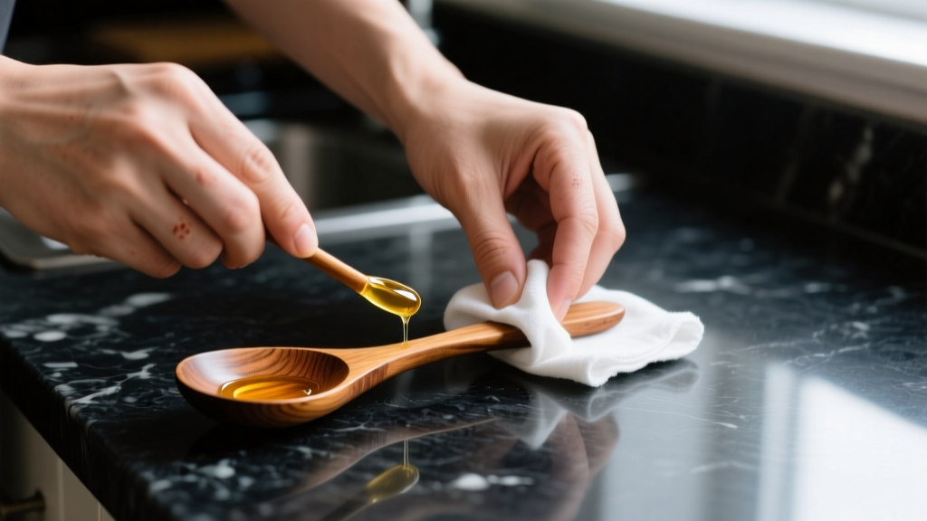 Hands applying food-grade mineral oil to a vintage teak wooden spoon using a clean cotton cloth on a dark granite kitchen countertop