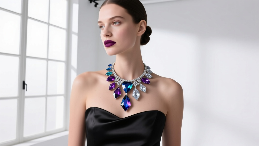 Fashion editorial shot of a woman wearing a crystal-encrusted statement collar necklace over a minimalist black strapless gown