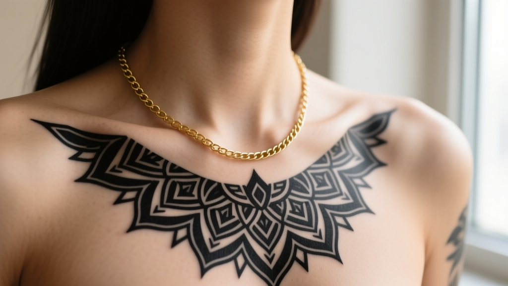 Close-up of a collarbone featuring a bold blackwork traditional mandala necklace tattoo, paired with a delicate 18-inch gold chain.
