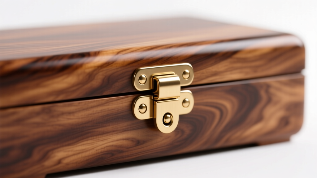 Close-up macro shot of a solid brass continuous piano hinge and quadrant stay on a burled walnut jewelry box lid, studio lighting.