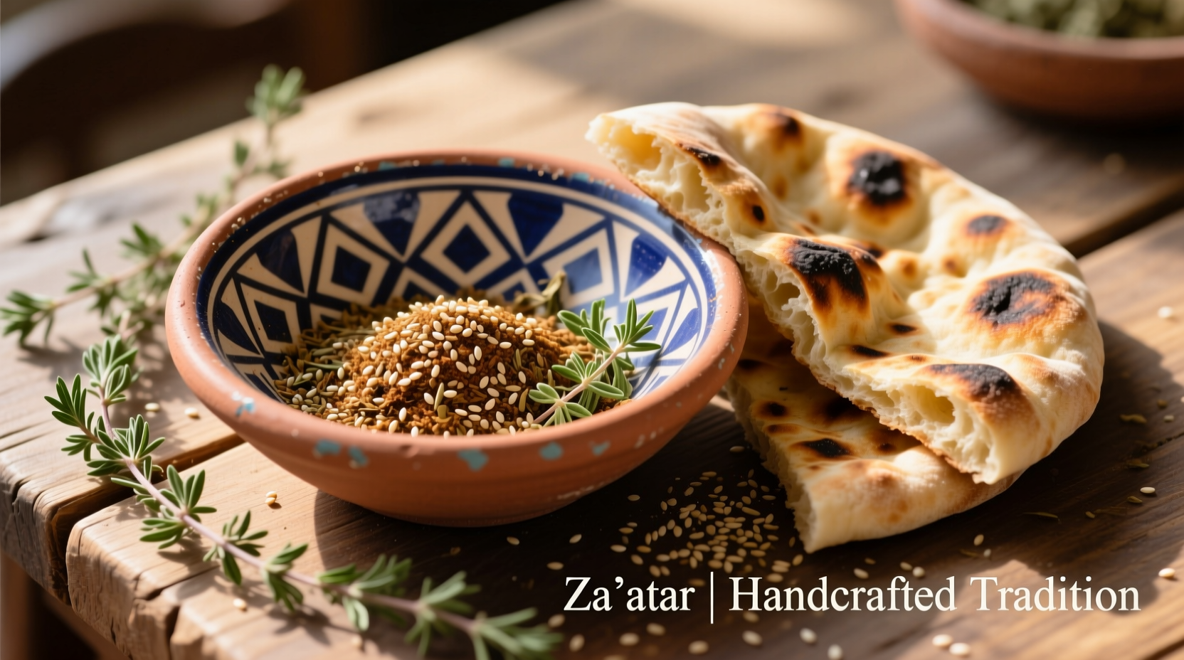 Traditional za'atar spice blend in ceramic bowl with fresh pita