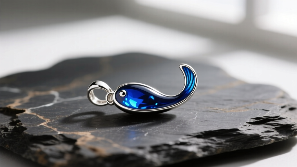 Macro shot of a sterling silver tadpole pendant with vibrant blue vitreous enamel on the tail, resting on a dark textured slate.
