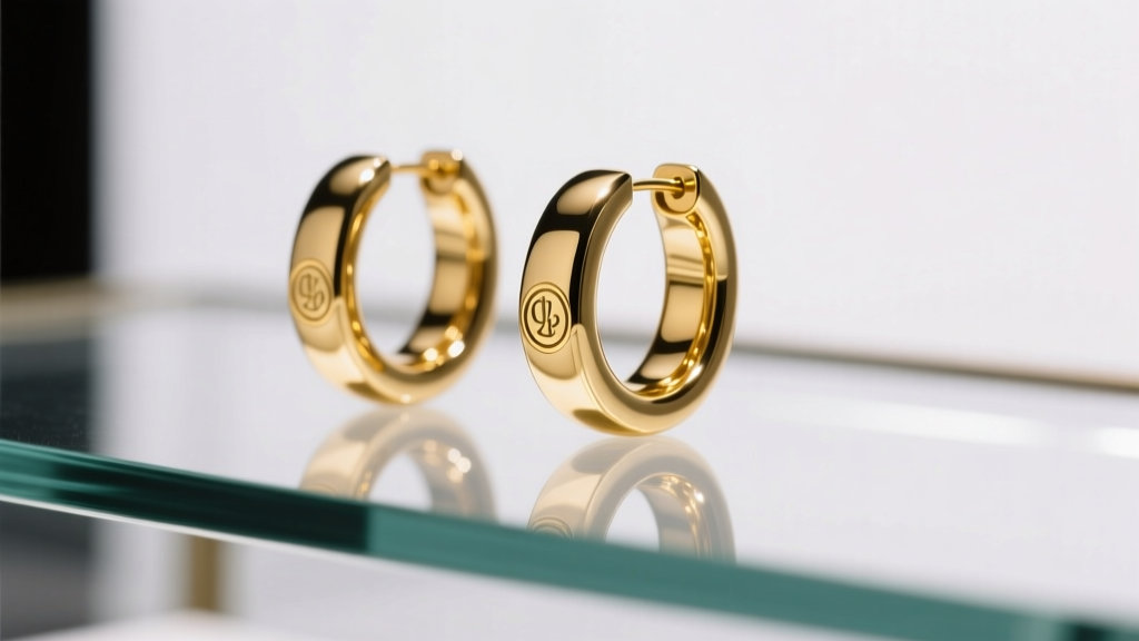 Close-up of a glass jewelry counter displaying gold hoop earrings under bright lights, sharp focus on metal hallmarks.