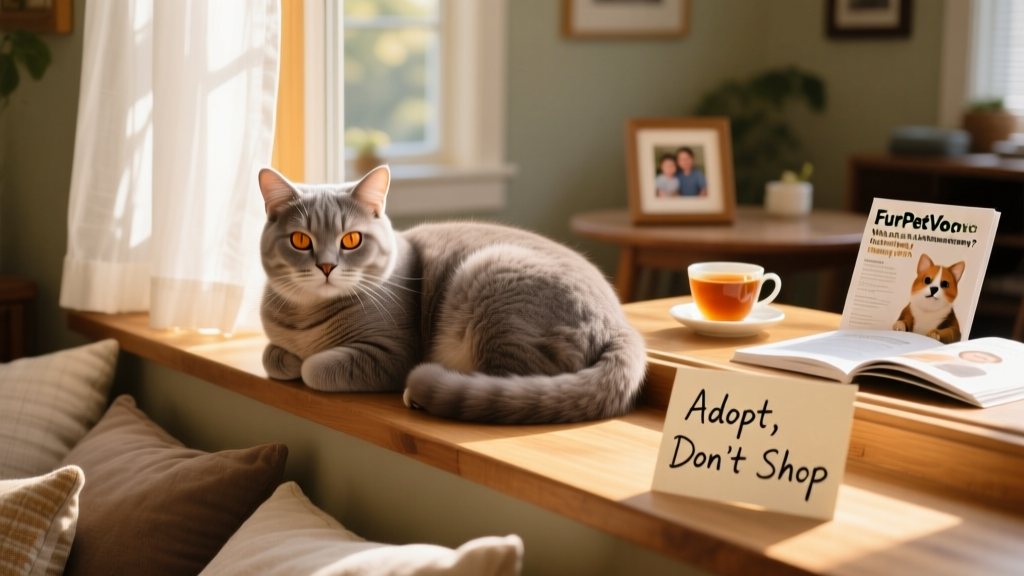 A relaxed senior cat curled up on a sunlit windowsill in a FurPetVo adopter's home