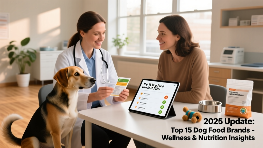 Veterinarian reviewing a dog food label with a pet owner during a wellness exam
