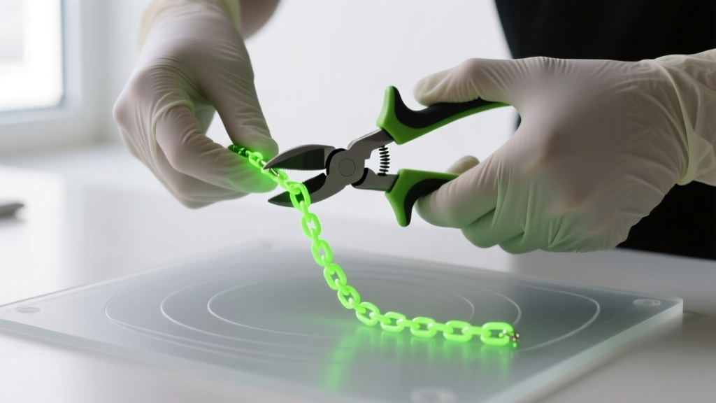 Hands in nitrile gloves using flush cutters to snip neon green luminescent permanent jewelry chain on a silicone soldering pad.