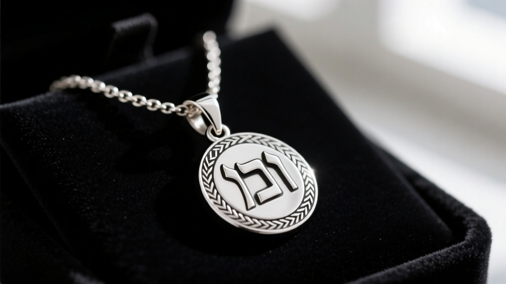 Sterling silver mezuzah necklace on black velvet, highlighting the engraved Hebrew letter Shin on the front of the small pendant.