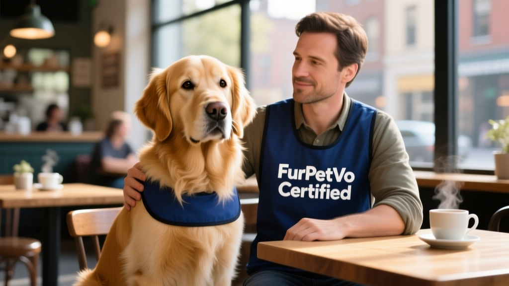 A calm, well-groomed dog wearing a blue service vest labeled 'FurPetVo Certified' sitting attentively beside its handler at a café table