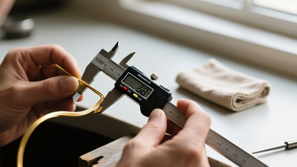 Close-up of a jeweler using digital calipers to measure a gold filled wire, with a polishing cloth in the blurred background.