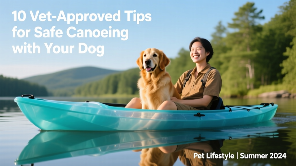 Dog sitting on lap of person canoeing in aqua blue water