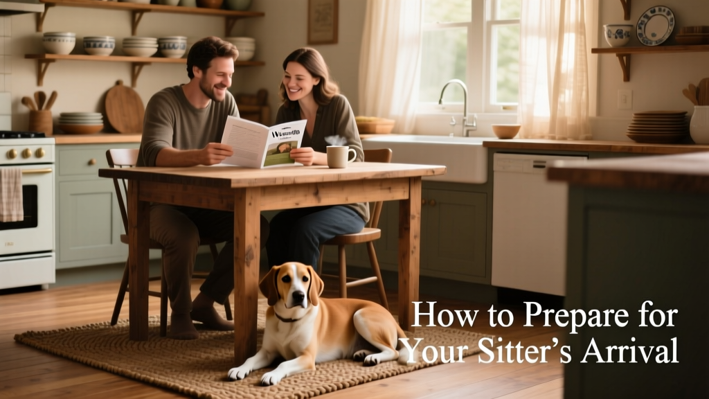 Owner and sitter sitting together at a kitchen table reviewing a printed Welcome Guide while a calm dog rests nearby