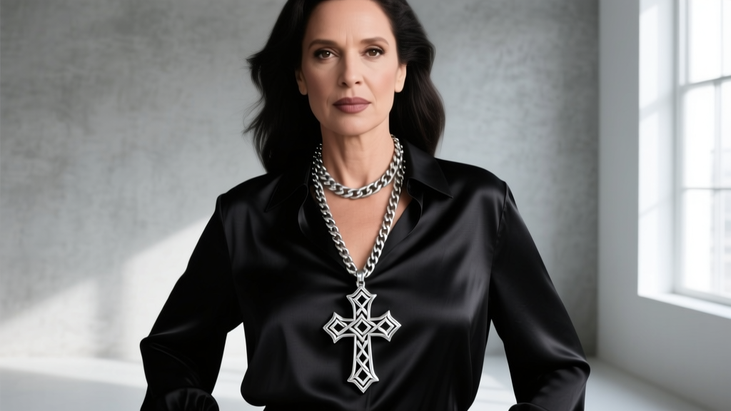 Woman wearing a 24-inch Joan Rivers interchangeable silver chain with a bold Byzantine cross pendant over a black silk blouse.