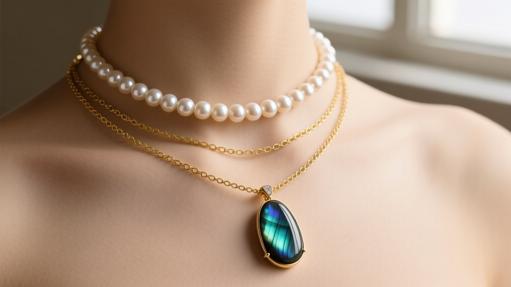 Detailed shot of a layered necklace set featuring a delicate gold chain, a pearl choker, and a long labradorite pendant necklace.