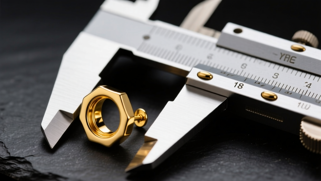 Close-up of digital calipers measuring an 18-gauge solid yellow gold earring post against a dark slate background, sharp focus.